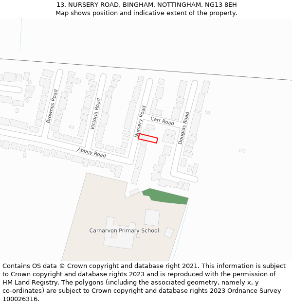 13, NURSERY ROAD, BINGHAM, NOTTINGHAM, NG13 8EH: Location map and indicative extent of plot