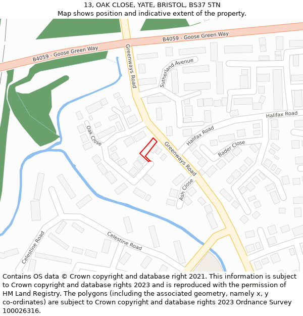 13, OAK CLOSE, YATE, BRISTOL, BS37 5TN: Location map and indicative extent of plot