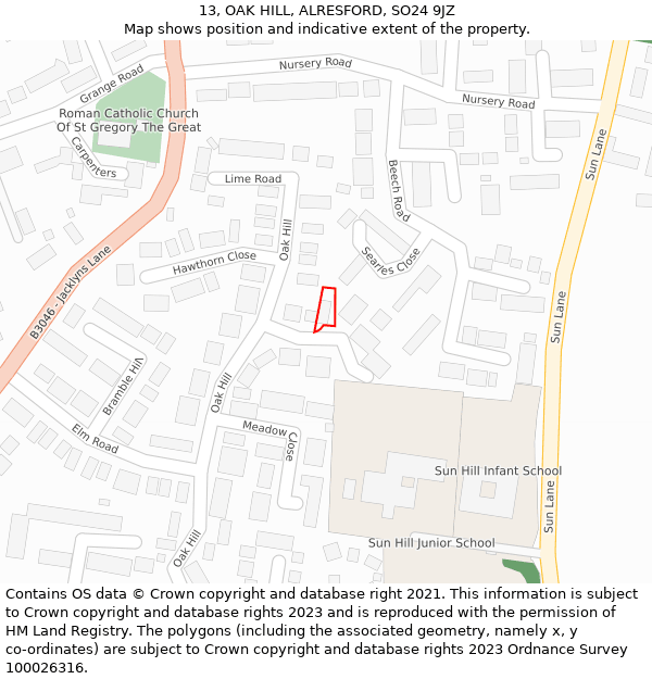 13, OAK HILL, ALRESFORD, SO24 9JZ: Location map and indicative extent of plot