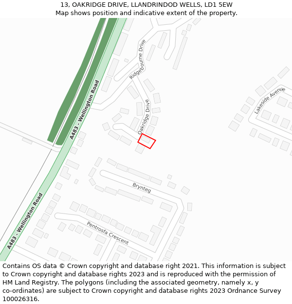 13, OAKRIDGE DRIVE, LLANDRINDOD WELLS, LD1 5EW: Location map and indicative extent of plot