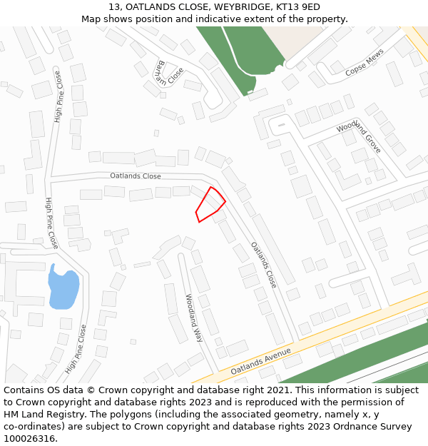 13, OATLANDS CLOSE, WEYBRIDGE, KT13 9ED: Location map and indicative extent of plot