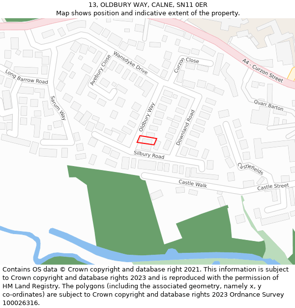 13, OLDBURY WAY, CALNE, SN11 0ER: Location map and indicative extent of plot