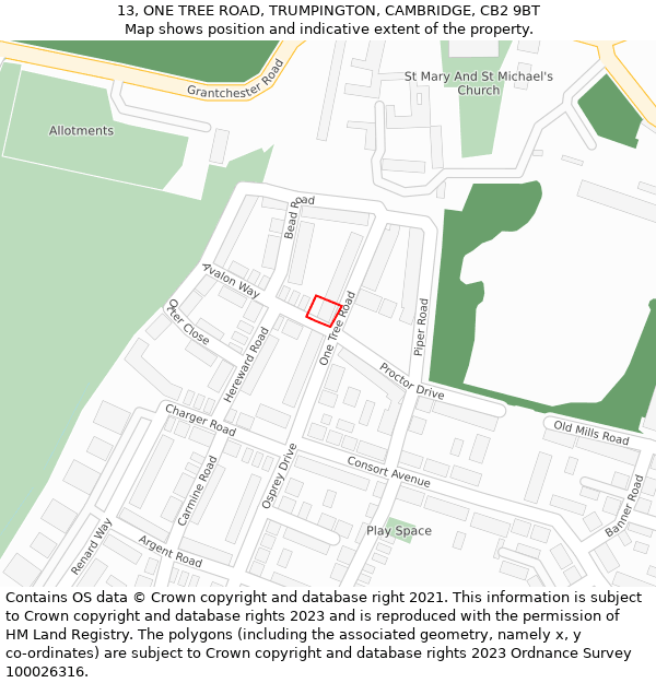 13, ONE TREE ROAD, TRUMPINGTON, CAMBRIDGE, CB2 9BT: Location map and indicative extent of plot
