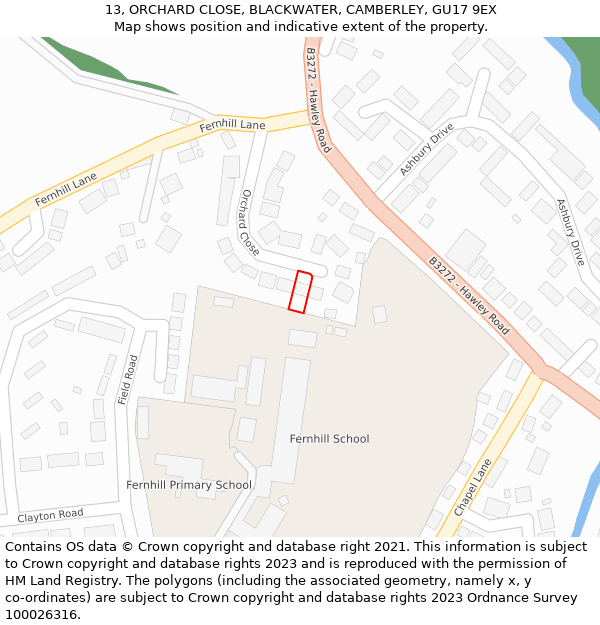 13, ORCHARD CLOSE, BLACKWATER, CAMBERLEY, GU17 9EX: Location map and indicative extent of plot