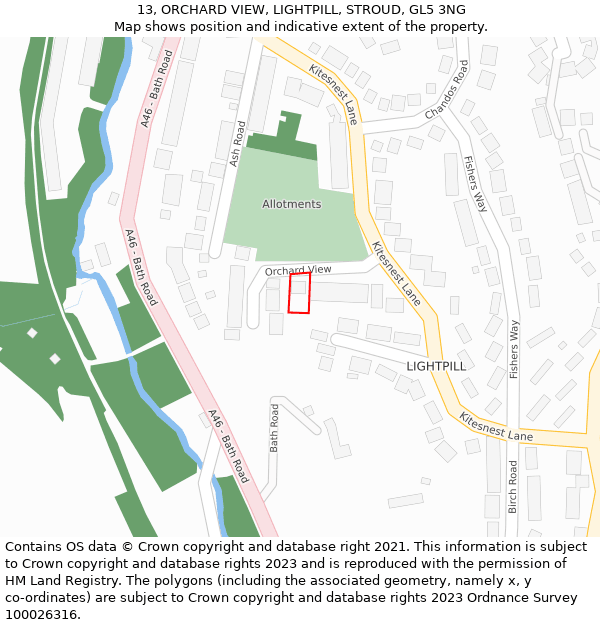 13, ORCHARD VIEW, LIGHTPILL, STROUD, GL5 3NG: Location map and indicative extent of plot