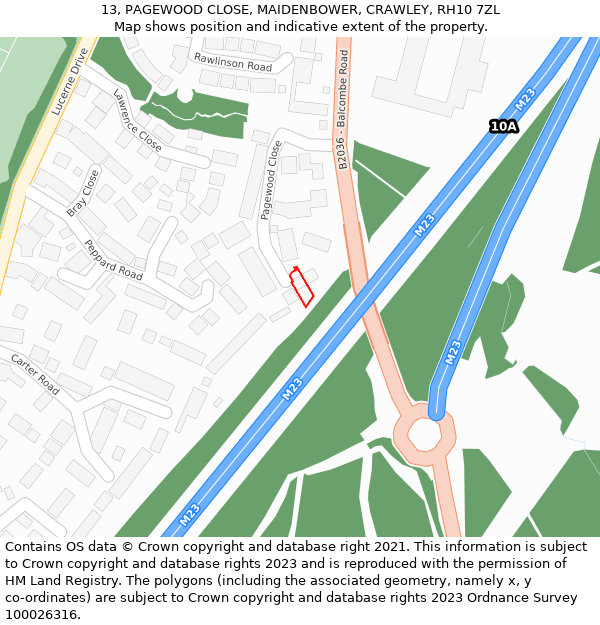 13, PAGEWOOD CLOSE, MAIDENBOWER, CRAWLEY, RH10 7ZL: Location map and indicative extent of plot