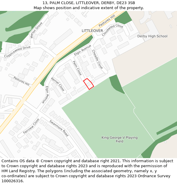 13, PALM CLOSE, LITTLEOVER, DERBY, DE23 3SB: Location map and indicative extent of plot
