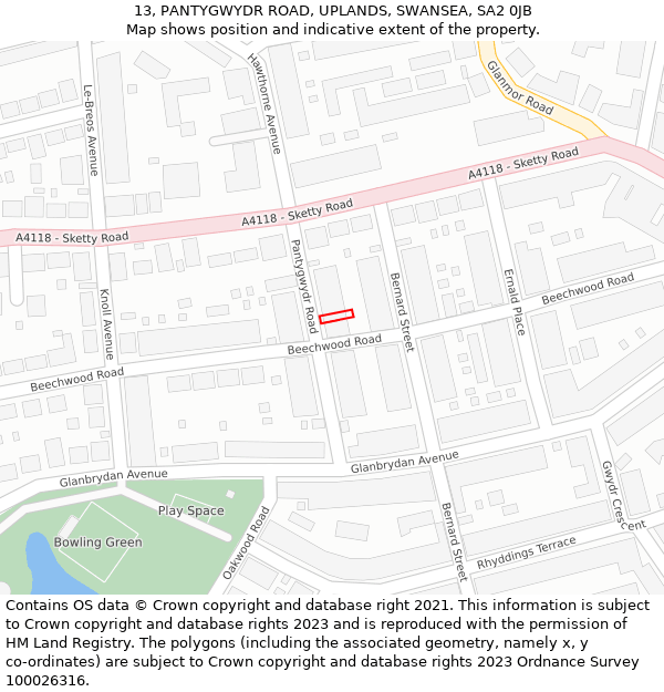 13, PANTYGWYDR ROAD, UPLANDS, SWANSEA, SA2 0JB: Location map and indicative extent of plot