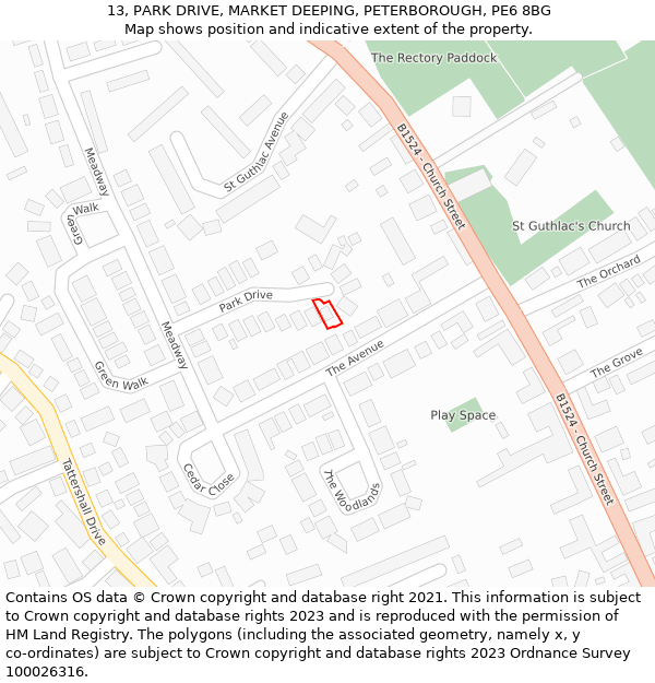 13, PARK DRIVE, MARKET DEEPING, PETERBOROUGH, PE6 8BG: Location map and indicative extent of plot