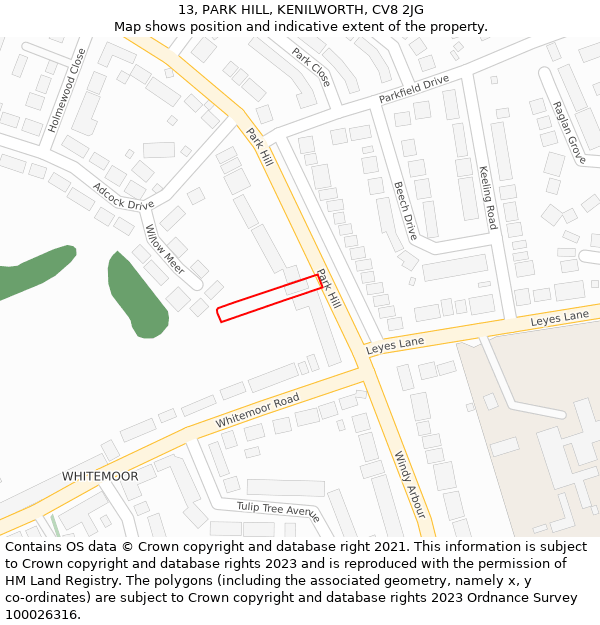 13, PARK HILL, KENILWORTH, CV8 2JG: Location map and indicative extent of plot