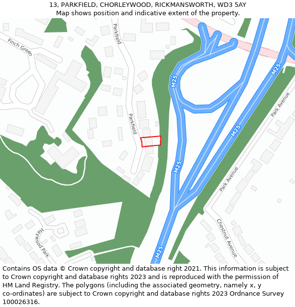 13, PARKFIELD, CHORLEYWOOD, RICKMANSWORTH, WD3 5AY: Location map and indicative extent of plot