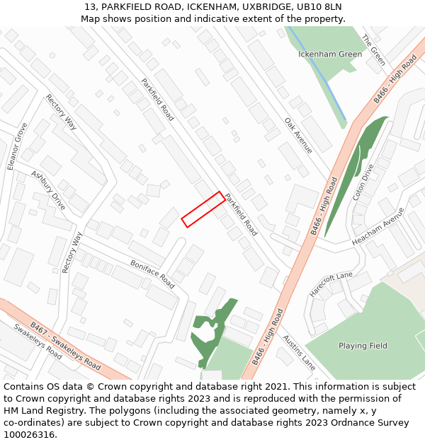 13, PARKFIELD ROAD, ICKENHAM, UXBRIDGE, UB10 8LN: Location map and indicative extent of plot