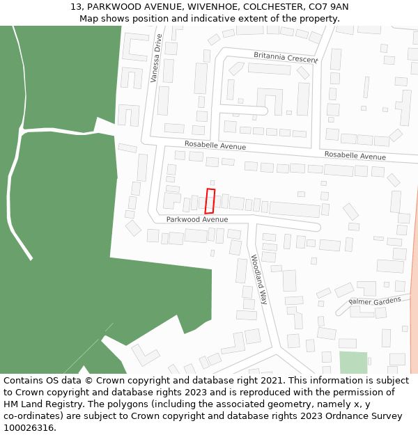 13, PARKWOOD AVENUE, WIVENHOE, COLCHESTER, CO7 9AN: Location map and indicative extent of plot