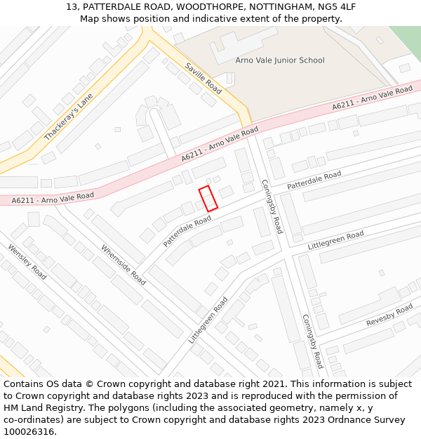 13, PATTERDALE ROAD, WOODTHORPE, NOTTINGHAM, NG5 4LF: Location map and indicative extent of plot