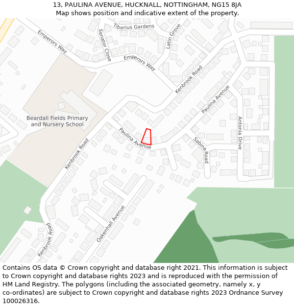 13, PAULINA AVENUE, HUCKNALL, NOTTINGHAM, NG15 8JA: Location map and indicative extent of plot