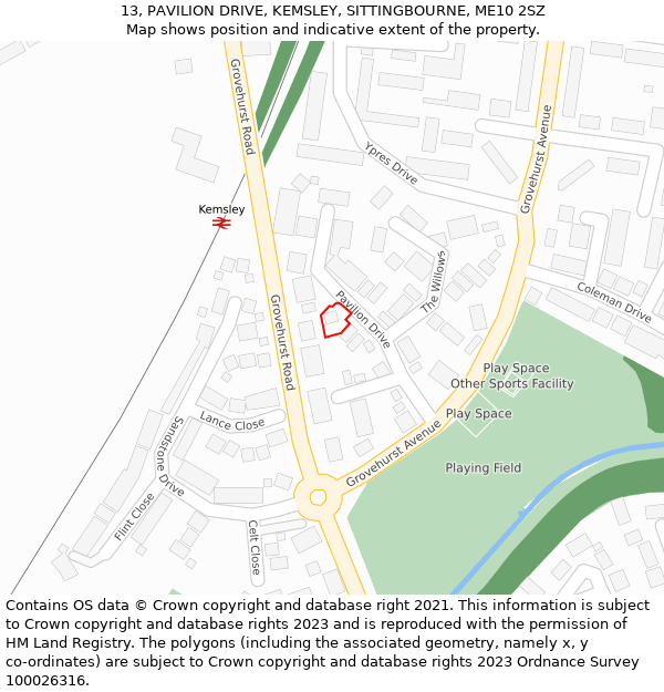 13, PAVILION DRIVE, KEMSLEY, SITTINGBOURNE, ME10 2SZ: Location map and indicative extent of plot