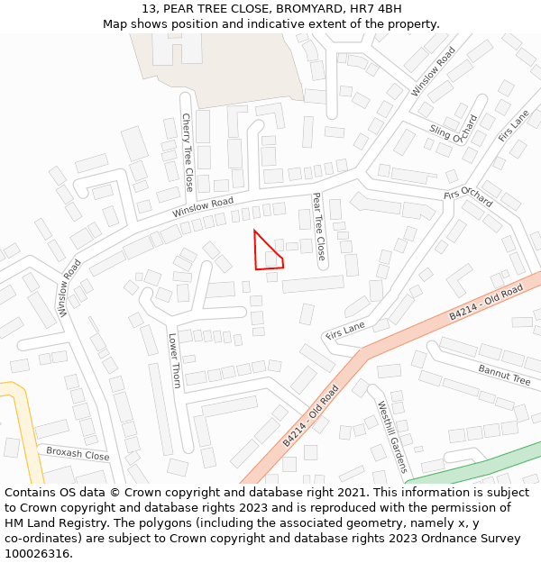 13, PEAR TREE CLOSE, BROMYARD, HR7 4BH: Location map and indicative extent of plot