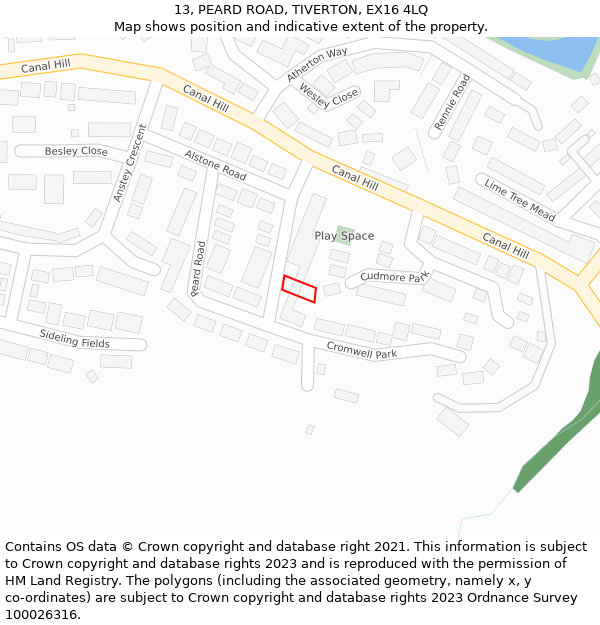 13, PEARD ROAD, TIVERTON, EX16 4LQ: Location map and indicative extent of plot