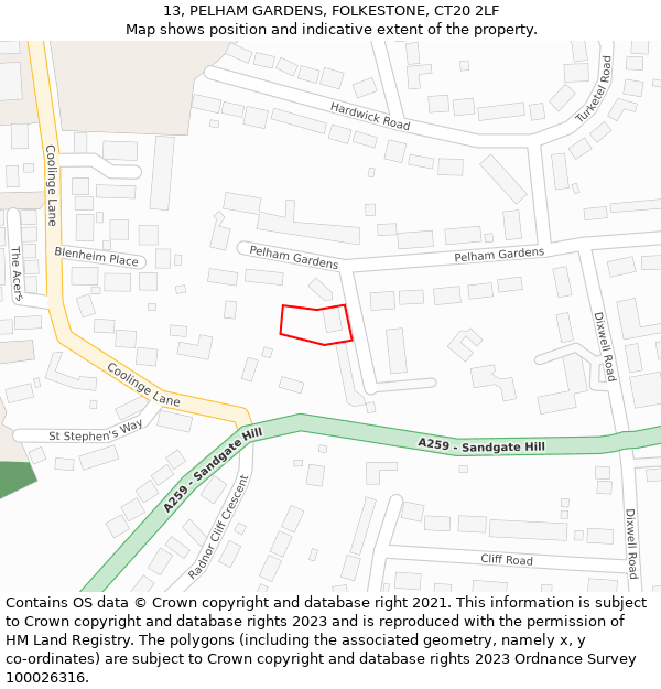 13, PELHAM GARDENS, FOLKESTONE, CT20 2LF: Location map and indicative extent of plot