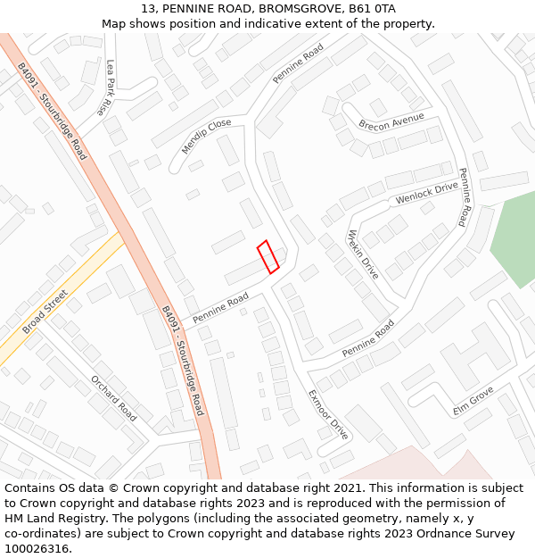 13, PENNINE ROAD, BROMSGROVE, B61 0TA: Location map and indicative extent of plot