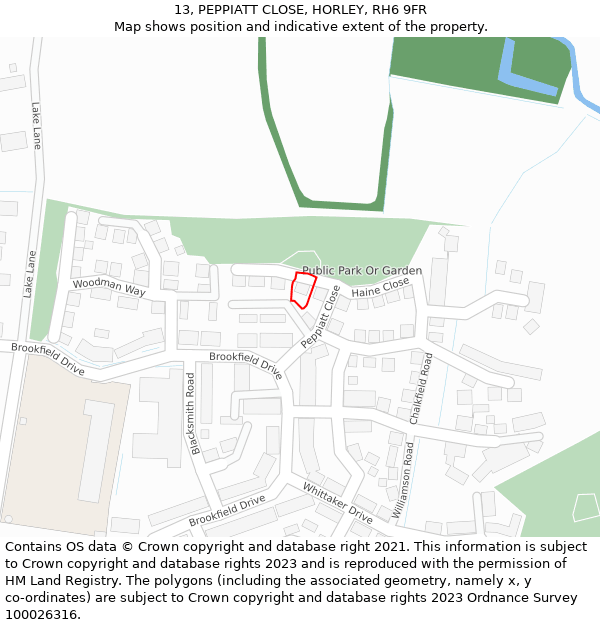 13, PEPPIATT CLOSE, HORLEY, RH6 9FR: Location map and indicative extent of plot