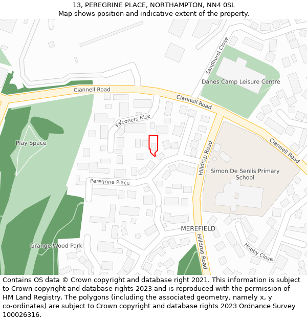13, PEREGRINE PLACE, NORTHAMPTON, NN4 0SL: Location map and indicative extent of plot