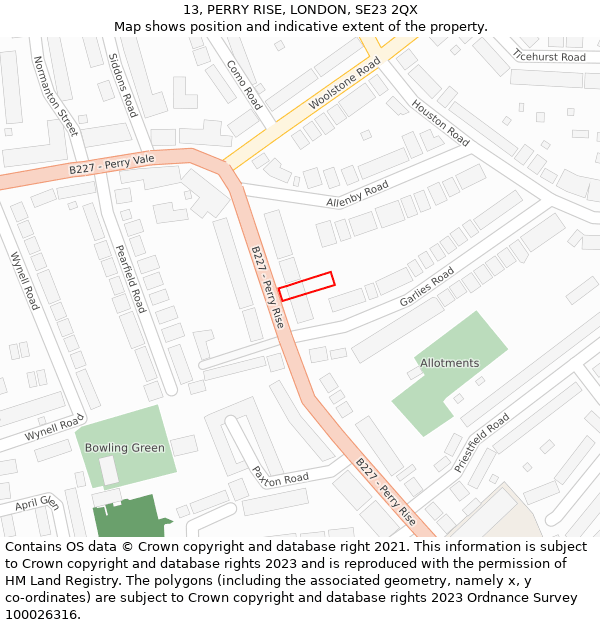 13, PERRY RISE, LONDON, SE23 2QX: Location map and indicative extent of plot