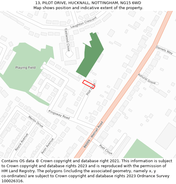 13, PILOT DRIVE, HUCKNALL, NOTTINGHAM, NG15 6WD: Location map and indicative extent of plot