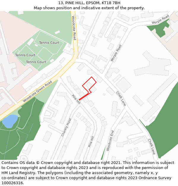 13, PINE HILL, EPSOM, KT18 7BH: Location map and indicative extent of plot