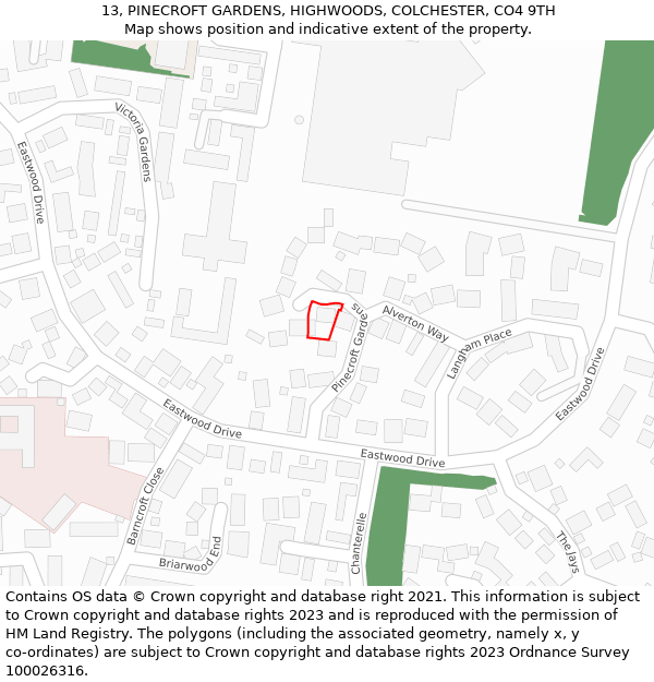 13, PINECROFT GARDENS, HIGHWOODS, COLCHESTER, CO4 9TH: Location map and indicative extent of plot