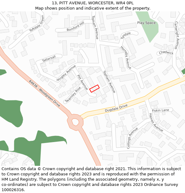 13, PITT AVENUE, WORCESTER, WR4 0PL: Location map and indicative extent of plot
