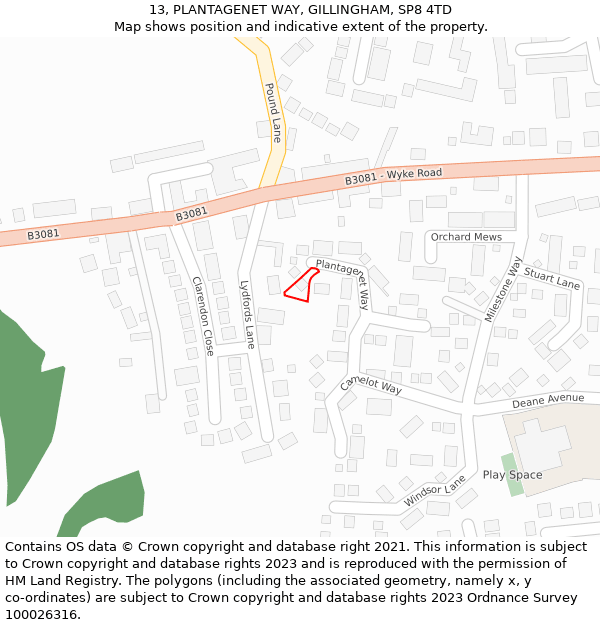 13, PLANTAGENET WAY, GILLINGHAM, SP8 4TD: Location map and indicative extent of plot