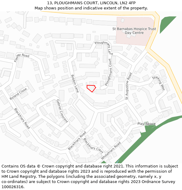 13, PLOUGHMANS COURT, LINCOLN, LN2 4FP: Location map and indicative extent of plot