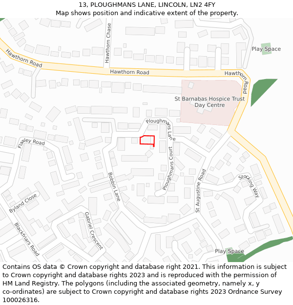 13, PLOUGHMANS LANE, LINCOLN, LN2 4FY: Location map and indicative extent of plot