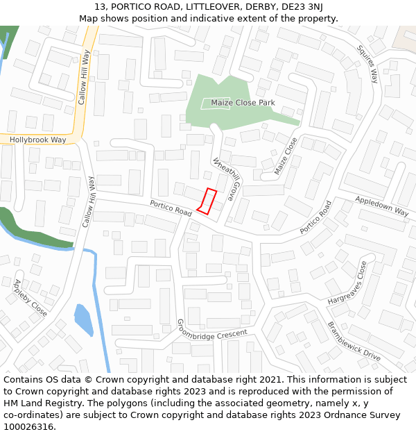 13, PORTICO ROAD, LITTLEOVER, DERBY, DE23 3NJ: Location map and indicative extent of plot
