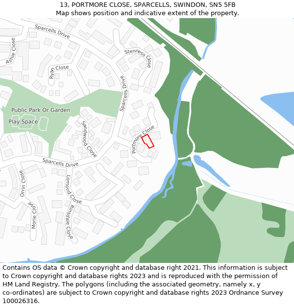 13, PORTMORE CLOSE, SPARCELLS, SWINDON, SN5 5FB: Location map and indicative extent of plot