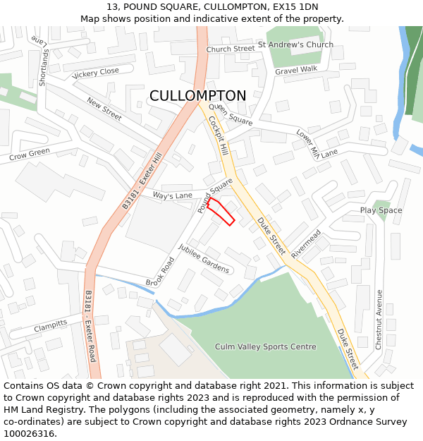 13, POUND SQUARE, CULLOMPTON, EX15 1DN: Location map and indicative extent of plot