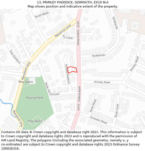 13, PRIMLEY PADDOCK, SIDMOUTH, EX10 9LA: Location map and indicative extent of plot