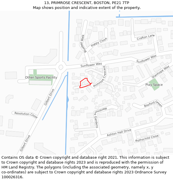 13, PRIMROSE CRESCENT, BOSTON, PE21 7TP: Location map and indicative extent of plot