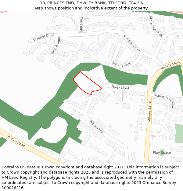 13, PRINCES END, DAWLEY BANK, TELFORD, TF4 2JN: Location map and indicative extent of plot