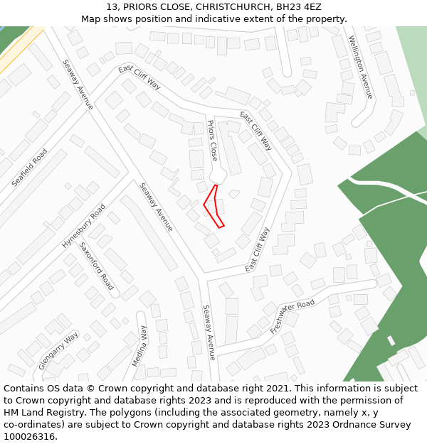 13, PRIORS CLOSE, CHRISTCHURCH, BH23 4EZ: Location map and indicative extent of plot