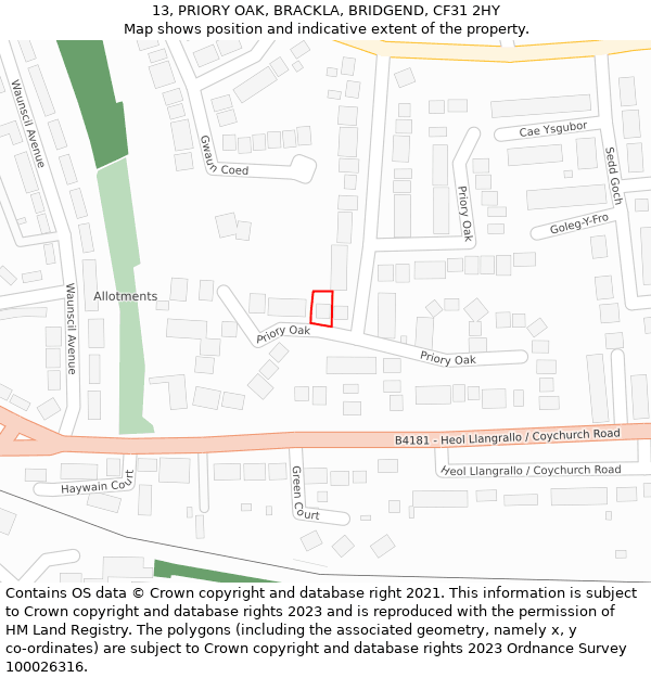 13, PRIORY OAK, BRACKLA, BRIDGEND, CF31 2HY: Location map and indicative extent of plot