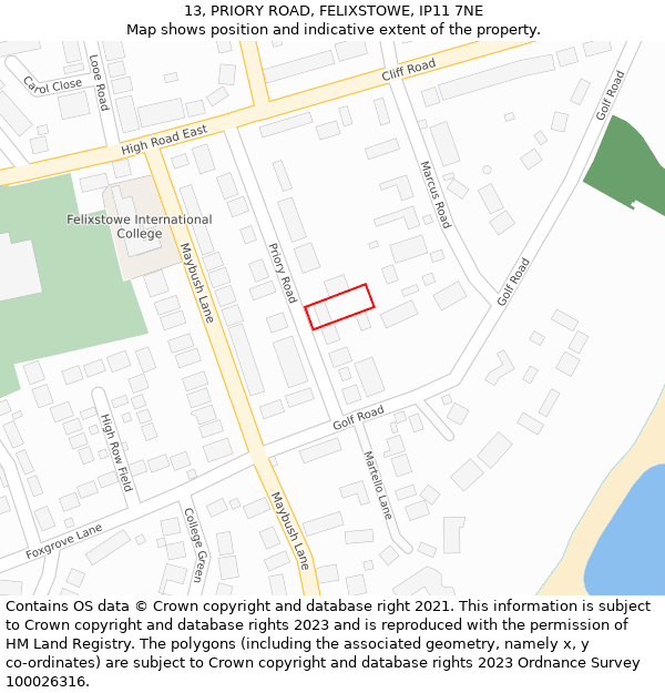 13, PRIORY ROAD, FELIXSTOWE, IP11 7NE: Location map and indicative extent of plot