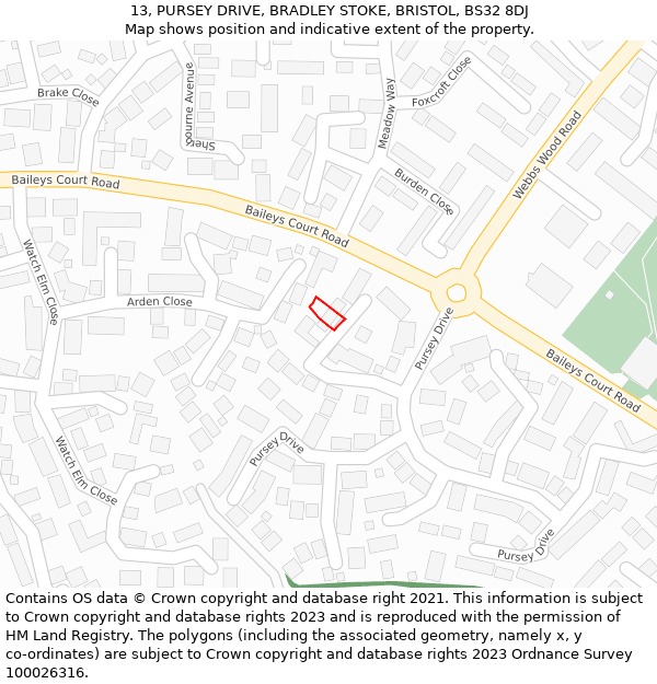 13, PURSEY DRIVE, BRADLEY STOKE, BRISTOL, BS32 8DJ: Location map and indicative extent of plot