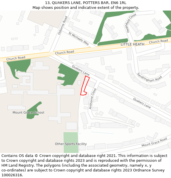 13, QUAKERS LANE, POTTERS BAR, EN6 1RL: Location map and indicative extent of plot