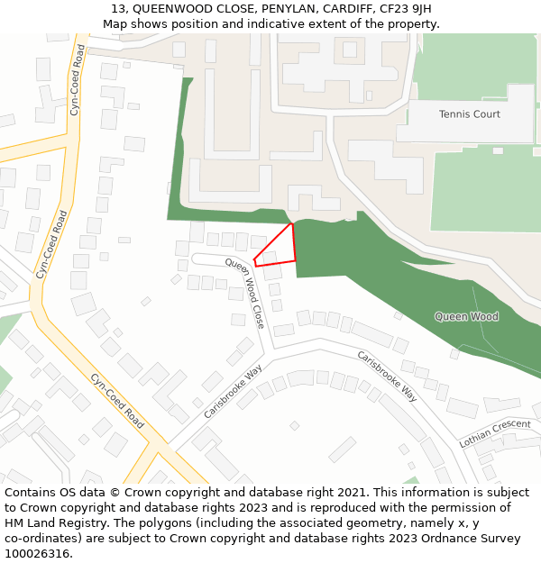 13, QUEENWOOD CLOSE, PENYLAN, CARDIFF, CF23 9JH: Location map and indicative extent of plot
