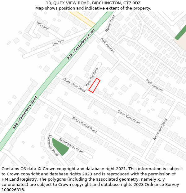 13, QUEX VIEW ROAD, BIRCHINGTON, CT7 0DZ: Location map and indicative extent of plot