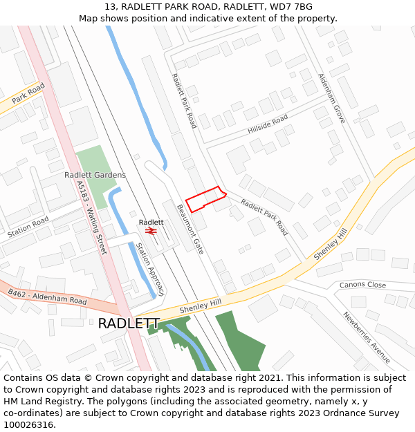 13, RADLETT PARK ROAD, RADLETT, WD7 7BG: Location map and indicative extent of plot