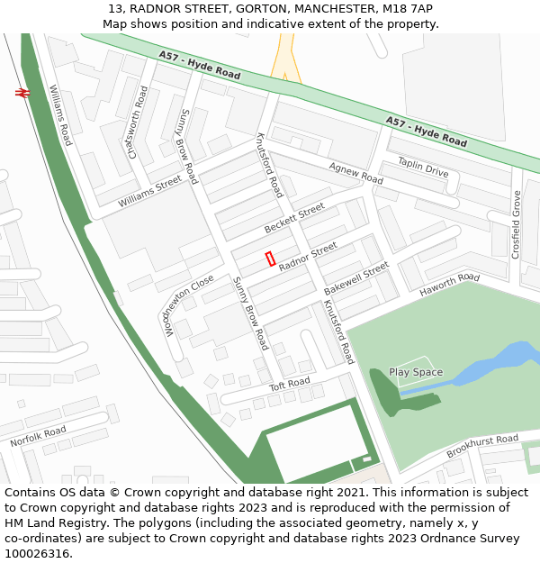 13, RADNOR STREET, GORTON, MANCHESTER, M18 7AP: Location map and indicative extent of plot