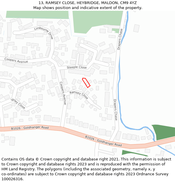 13, RAMSEY CLOSE, HEYBRIDGE, MALDON, CM9 4YZ: Location map and indicative extent of plot